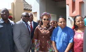 The First Lady of The Gambia Mrs Fatoumatta Barrow with Mr Sosthene DOUGROU, Regional TS Health System Strengthening/ Maternal Health Focal Point, ECOWAS, WAHO,  USAID and EngenderHealth representatives.