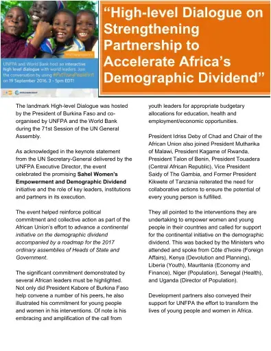 "High-level Dialogue on Strengthening Partnership to accelerate Afica's Demographic Dividend"